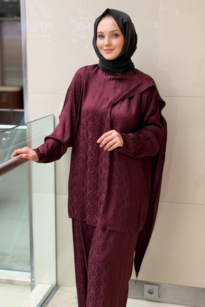 Ghisa Piton Desenli Şal Yaka Tunik Pantolon Takım