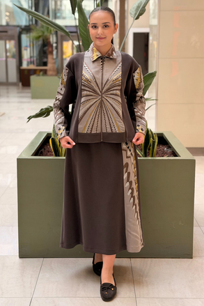 Ghisa Etnik Desenli Fermuarlı Ceket Etek Takım