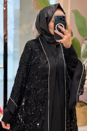 Matex Pul Payetli Önü Açık İçli Dışlı Elbiseli Abaya