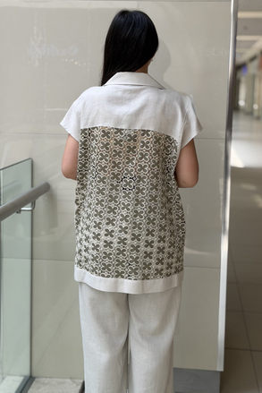 Tığ Triko Kumaş Kombinli Yelekli Keten Takım