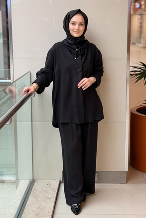 Ghisa Kendinden Desenli Büzgü Yaka Tunik Pantolon Takım