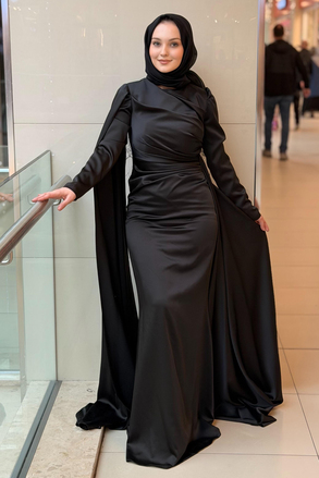 Fashion Night Pelerinli Saten Abiye Elbise