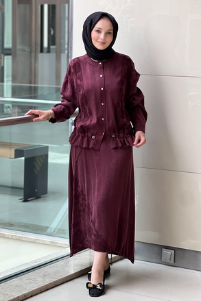 Ghisa Etnik Desenli Düğmeli Nervürlü Tunik Etek Takım