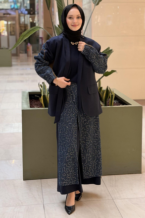 Ceremony Pullu Denim Ceket Bol Paça Pantolonlu Takım