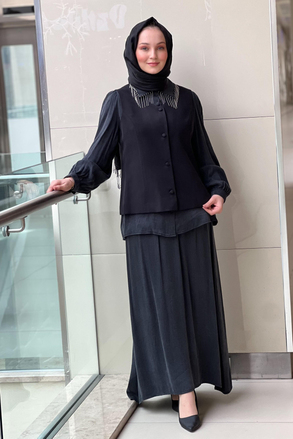 Qül Exclusiev Gömleği Zincir Detaylı Yelekli Kupra 3lü Takım