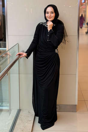 Fashion Nigth Yaka Ve Beli Taş Detaylı Abiye Elbise