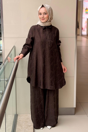 Nurcan Çetin Kendinden Yaprak Desenli Tunik Pantolon Takım