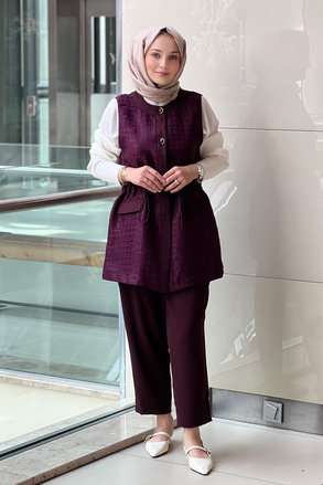 Ghisa Beli Stoperli Kendinden Desenli Yelek Pantolon Takım