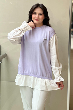 Tığ Triko Gömlek Yaka Metal Broş Detaylı Rayon Tunik