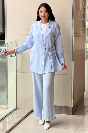 Mahal Casual Kruvaze Yaka Bel Bağlı Cepli Ceket Pantolon Takım