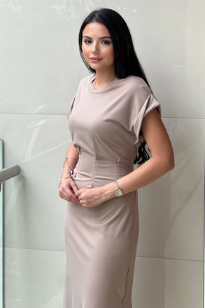 On Fashion Sıfır Yaka Beli Pileli Kısa Kollu Uzun Elbise