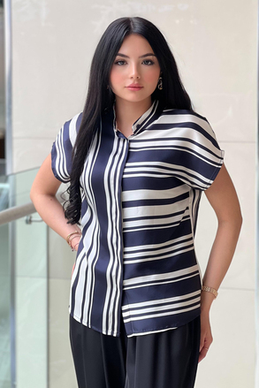 On Fashion Yarısı Dikey Yarısı Yatay Çizgili Kolsuz Bluz