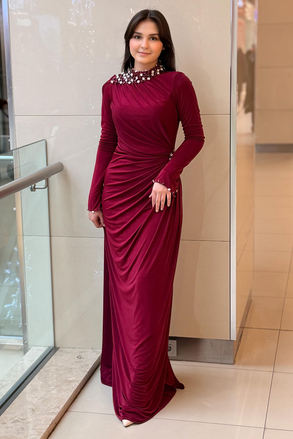 Fashion Nigth Yaka Ve Beli Taş Detaylı Abiye Elbise