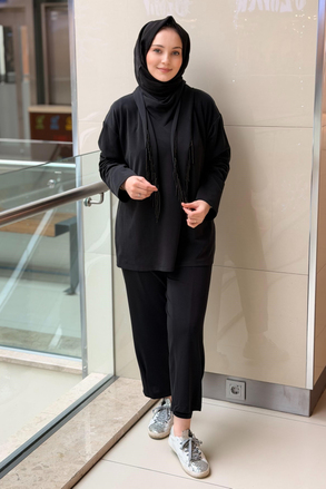 Ghisa Boncuklu Şal Yaka Tunik Pantolon Takım