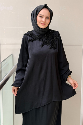 Nurcan Çetin Heddy Yakası Çiçek Boncuk İşlemeli Tunik Etek Takım