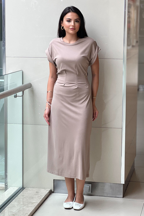On Fashion Sıfır Yaka Beli Pileli Kısa Kollu Uzun Elbise
