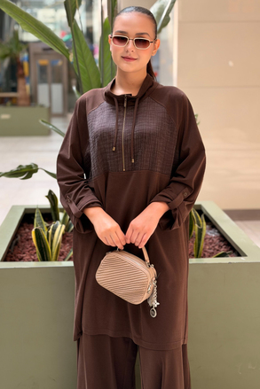 Heddy Bürümcük Kumaş Kombinli Yarım Fermuarlı Tunik Pantolon Takım