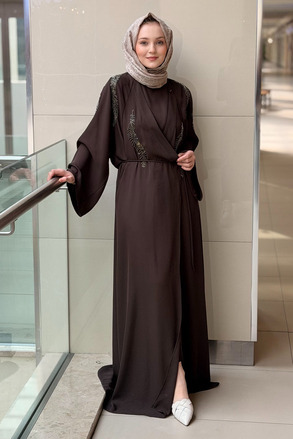 Ghisa Boncuk Yaprak İşlemeli Kolsuz İçlikli Abaya 2Li Takım