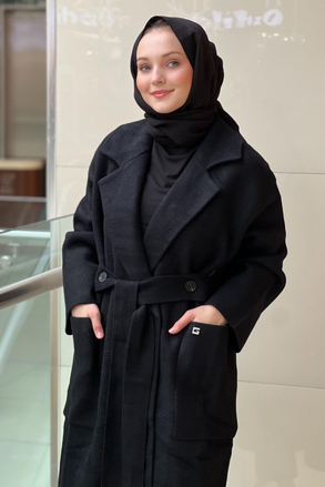Ghisa Kruvaze Yaka Önü Açık Kuşaklı Kaşe Kaban