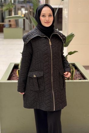 Matex Taş İşlemeli Geniş Yaka Fermuarlı Kapitöne Kaban