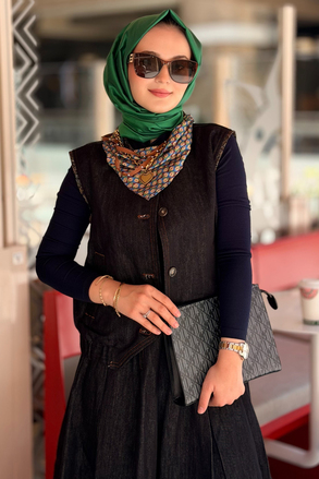 Twist Fularlı Denim Yelek