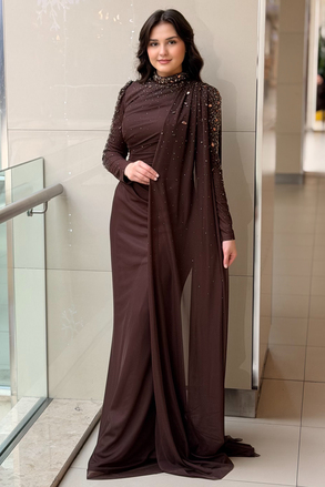 Fashion Night Kolları Taşlı Şifon Tül Abiye Elbise