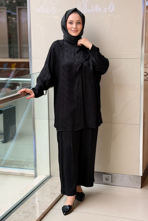 Ghisa Piton Desenli Şal Yaka Tunik Pantolon Takım
