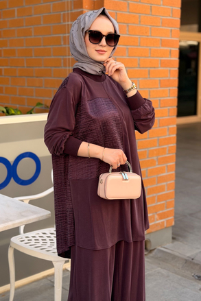 Nurcan Çetin Desenli Kumaş Kombinli Tunik Pantolon Takım