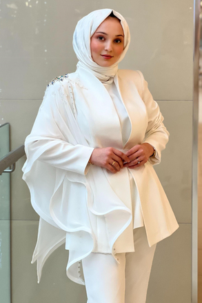White Corner Kolu Taş İşlemeli Ve Tül Detaylı Ceket İçlik Pantolon 3lü Takım