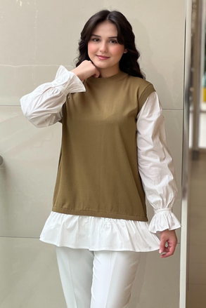 Tığ Triko Gömlek Yaka Metal Broş Detaylı Rayon Tunik