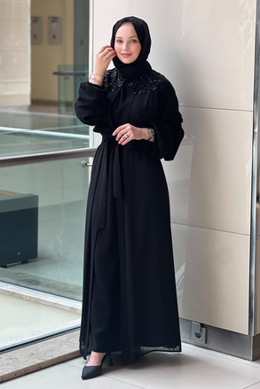 Heddy Omuzları Ve Sırtı İşli İç Elbiseli Abaya