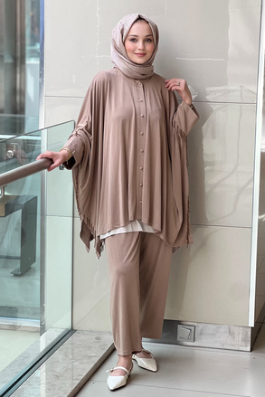 Ghisa Boncuk Detaylı Yarasa Kol Gömlek İçlik Pantolon 3Lü Takım