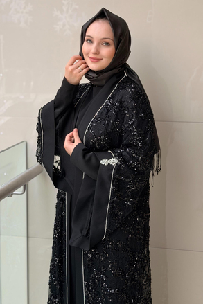 Matex Pul Payetli Önü Açık İçli Dışlı Elbiseli Abaya