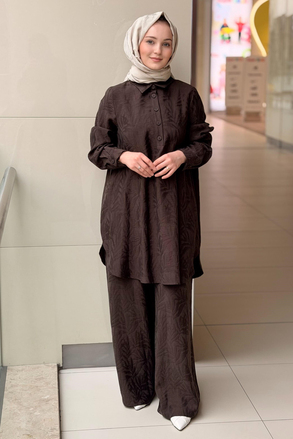 Nurcan Çetin Kendinden Yaprak Desenli Tunik Pantolon Takım