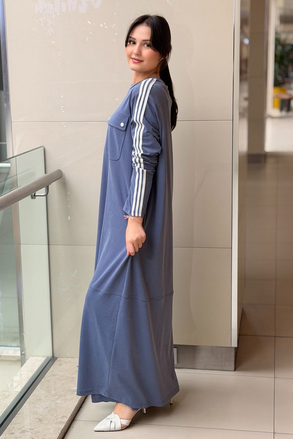 Nurcan Çetin Kolları Çizgili Cep Kapaklı Tam Boy Elbise