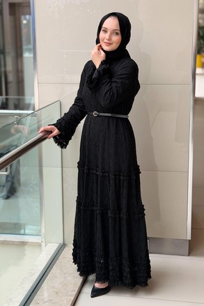 Nurcan Çetin Kolları Ve Etek Ucu Fırfır Detaylı Astarlı Bürümcük Elbise
