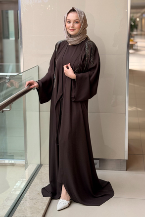 Ghisa Boncuk Yaprak İşlemeli Kolsuz İçlikli Abaya 2Li Takım