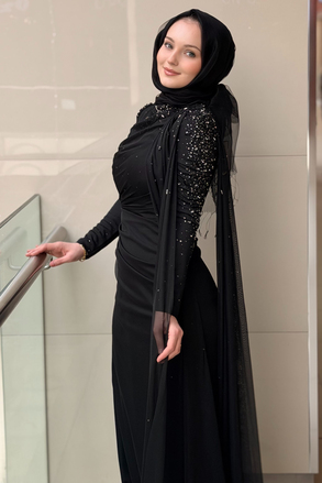 Fashion Night Kolları Taşlı Şifon Tül Abiye Elbise