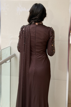 Fashion Night Kolları Taşlı Şifon Tül Abiye Elbise