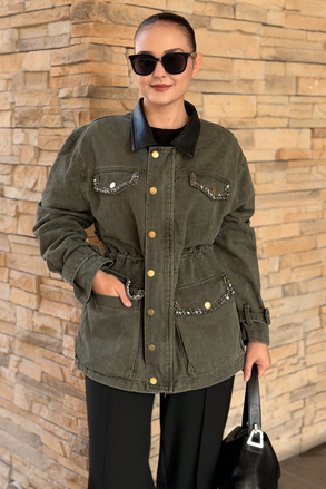 Mahal Cepleri Taş İşlemeli Fermuarlı Bel Büzgülü Denim Kap