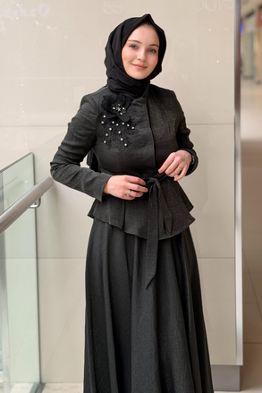 Matex Kabartma Çiçek İşlemeli Ceket Etek Takım
