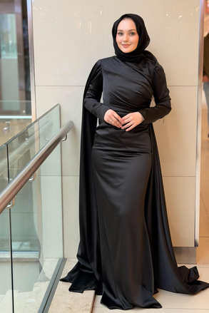 Fashion Night Pelerinli Saten Abiye Elbise