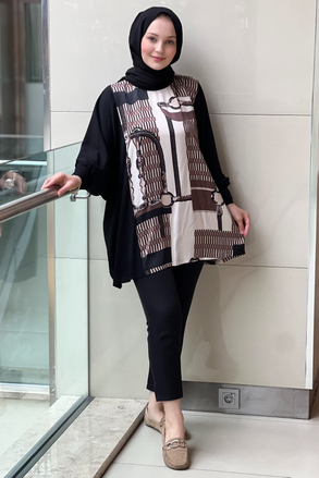 Ghisa Saten Triko Kombinli Desenli Tunik