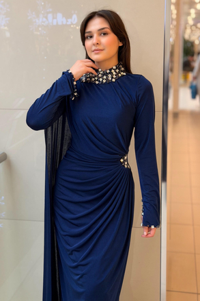Fashion Nigth Yaka Ve Beli Taş Detaylı Abiye Elbise