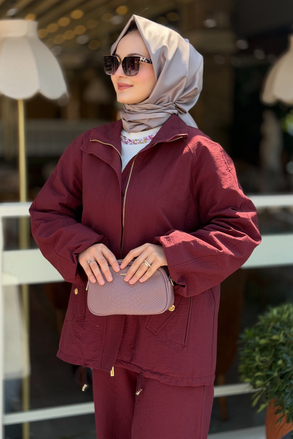 Mahal Vespa Reglan Kol Dik Yaka Fermuarlı Ceket Bol Pantolonlu Takım