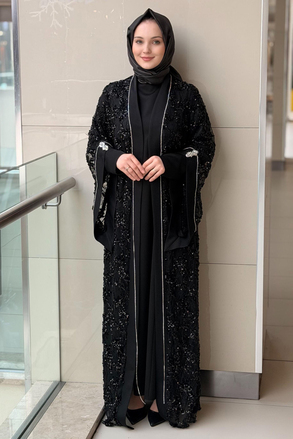 Matex Pul Payetli Önü Açık İçli Dışlı Elbiseli Abaya