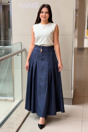 Ceremony Önden Fermuar Ve Pile Detaylı Denim Etek