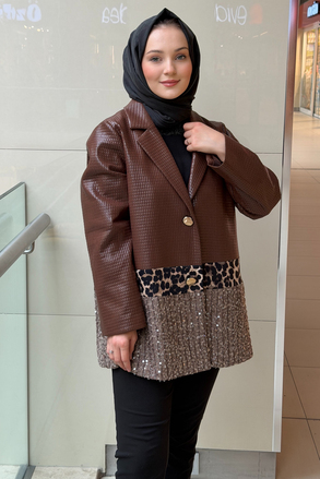 Ghisa Kare Desenli Pul Payet Ve Leopar Detaylı Deri Ceket