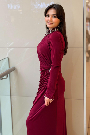 Fashion Nigth Yaka Ve Beli Taş Detaylı Abiye Elbise