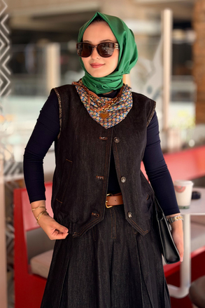 Twist Fularlı Denim Yelek